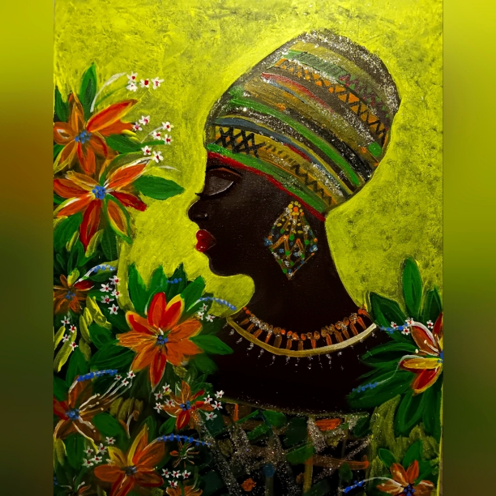 Vibrant African Woman Painting 18x24, Flowers12x16, Flowers 12x12
